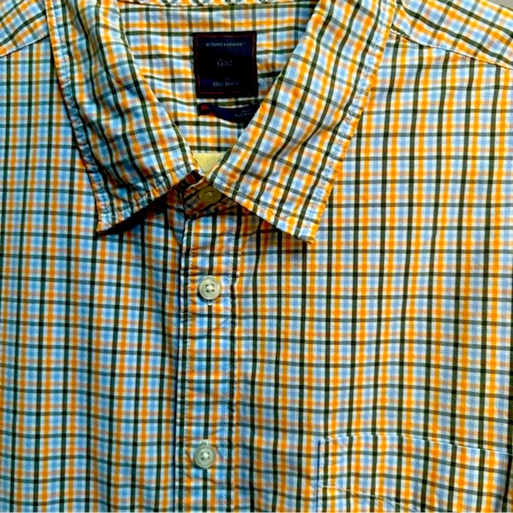 GAP Men’s Button-up Dress Shirt XL Long Sleeve plaid white orange blue & gray